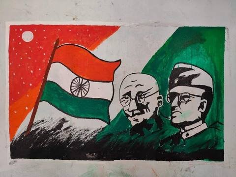 Wall painting of Mahatma Gandhi and Subhas Chandra Bose beside the Indian flag